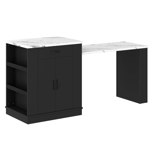 English Elm Extendable Kitchen Island Console with Open Shelving Drawers and Cabinet in Matte Black W1580S00274