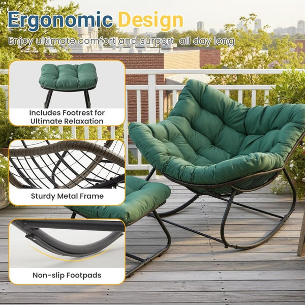 English Elm Dark Wicker Egg Rocking Chair with Ottoman Outdoor Pe Woven Patio Lounge Set Green B082P455172