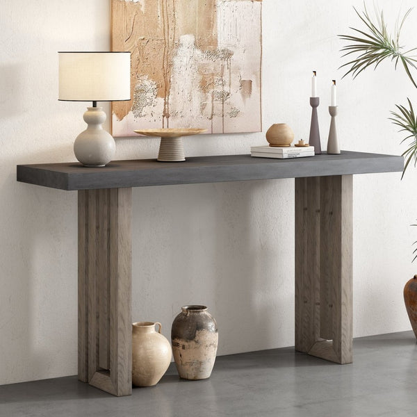 English Elm U_style Oak Veneer Console Table Sculptural Cutout Sides for Entryway or Hallway N711P241282M