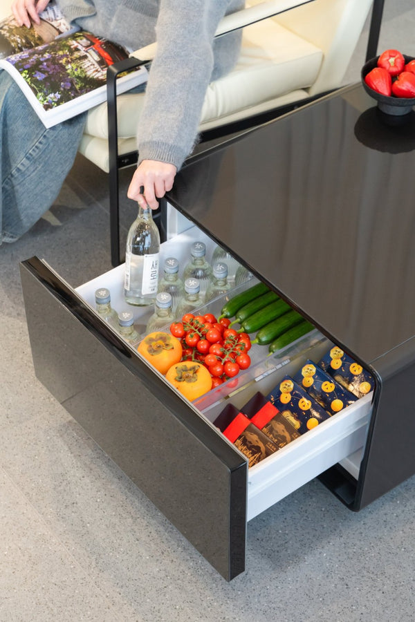 English Elm Modern Coffee Table with Built in Mini Fridge Power Outlets and Beverage Storage Black W1172P483596