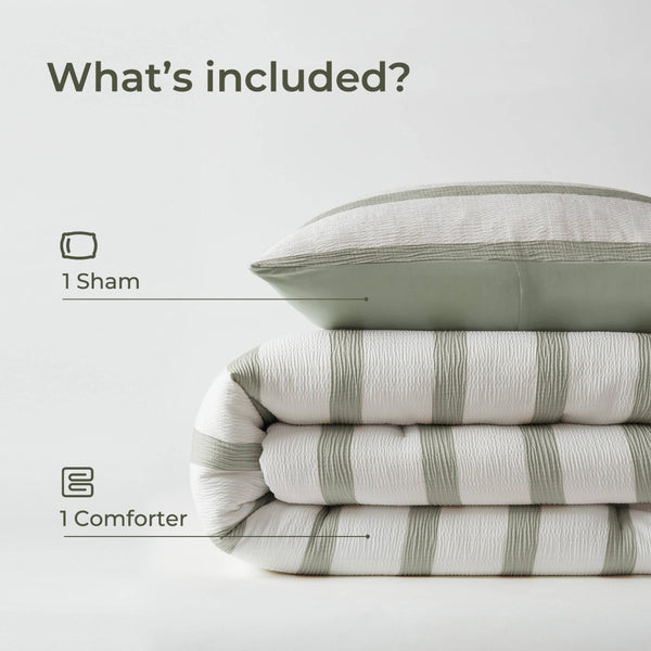 English Elm 2-piece Yarn-dyed Striped Polyester Comforter Set with Seersucker Texture for Year-round Comfort Sage Green B035P463221