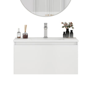 English Elm 32-Inch Wall-Mounted Bathroom Vanity With Soft-Close Drawer, Ceramic Sink, Matte White Finish, Modern Design W3151S00042