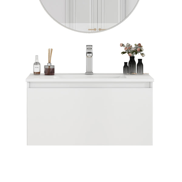 English Elm 32-Inch Wall-Mounted Bathroom Vanity With Soft-Close Drawer, Ceramic Sink, Matte White Finish, Modern Design W3151S00042