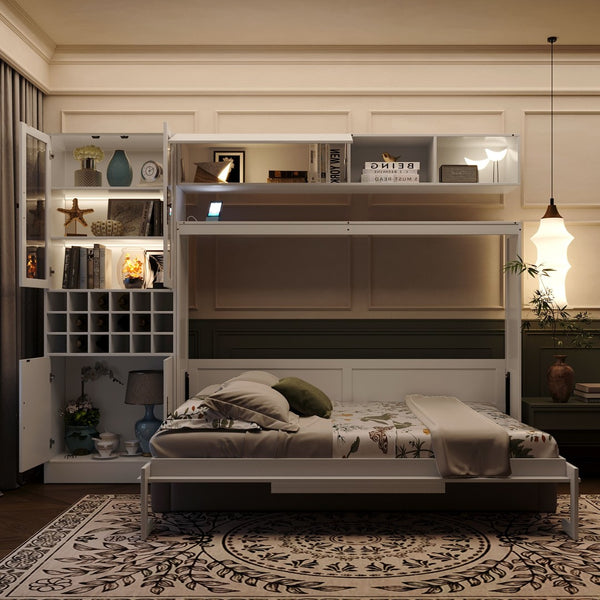 English Elm Full Size Murphy Wall Bed with Linen Sofa Integrated Shelving Usb Charging and Lighting LP000763AAK