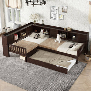 English Elm L-shaped Twin Platform Bed with Trundle, Solid Wood Corner Sleeper with Drawers, Shelves, No Box Spring Needed Espresso W1580S00261
