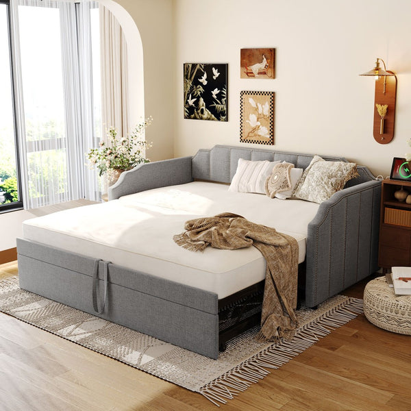 English Elm Twin Linen Upholstered Daybed with Pop up Trundle and Built in Usb Charging Gray SF000199AAE