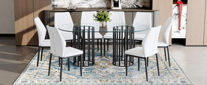 English Elm Table Set Oval Tempered Glass 71 Inch Top with Eight Faux Suede Chairs Modern Dining Black,Transparent,White W1151S04758