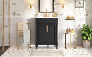 English Elm 24" Bathroom Vanity with Integrated Ceramic Sink and Adjustable Shelf, Vintage Hardware, Space-Saving Design Black N710P277711B