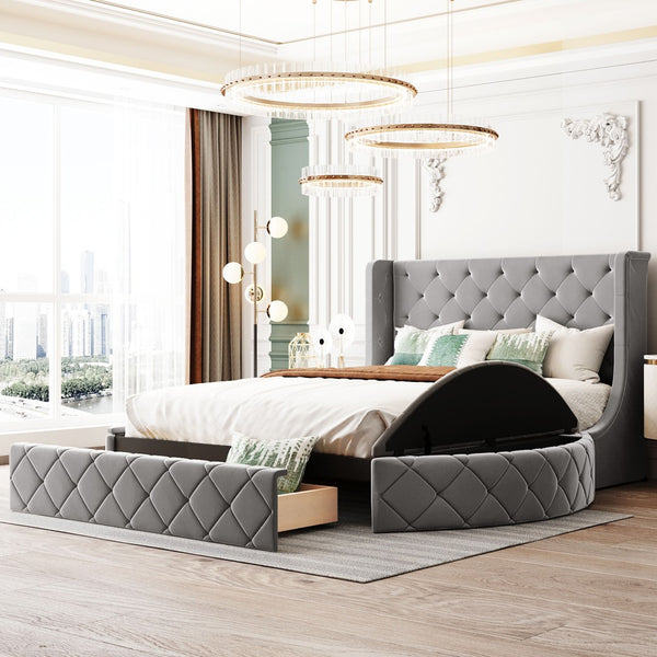 English Elm Upholstered Queen Platform Bed Velvet Wingback Frame with Storage Drawer and Side Stools Gray LP200815AAE