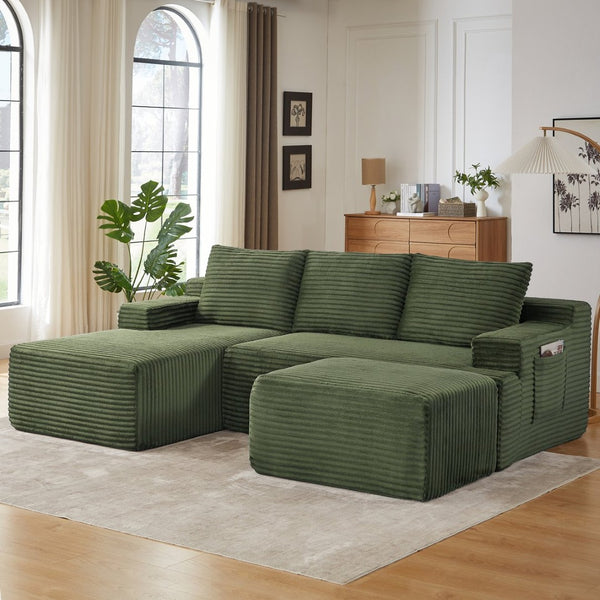 English Elm U-shaped Corduroy Modular Sectional Deep Seat Cloud Sofa for Living Room Apartment W2339S00108
