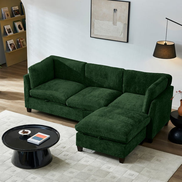 English Elm 96.5" L-shaped Chenille Sectional with Storage Ottoman Eucalyptus Frame Living Room Green W1097S00283