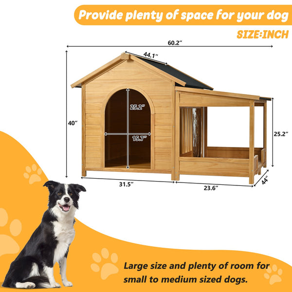 English Elm 60.2" Insulated Outdoor Dog House with Porch & Asphalt Roof, Elevated Pine Kennel for Dogs up to 120 lbs N704G201612A