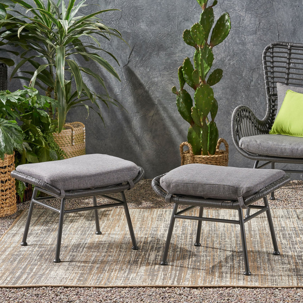 English Elm Christopher Knight Home® - Montana Faux Rattan Outdoor Ottoman Set of 2 with Water-Resistant Gray Cushions, Steel Frame Durable 65045.00GRY