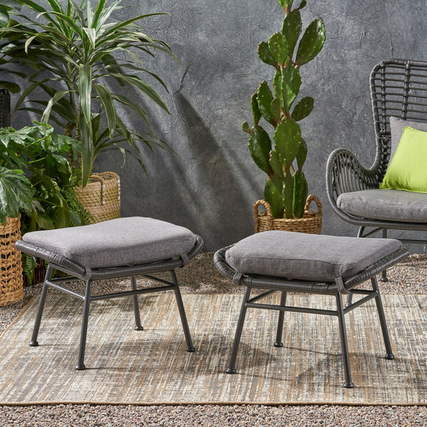 English Elm Christopher Knight Home® - Montana Faux Rattan Outdoor Ottoman Set of 2 with Water-Resistant Gray Cushions, Steel Frame Durable 65045.00GRY
