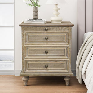 English Elm Farmhouse Nightstand Pine Wood Four Drawer Storage with Pull Out Tray Gourd Legs Natural+White W1716P399643