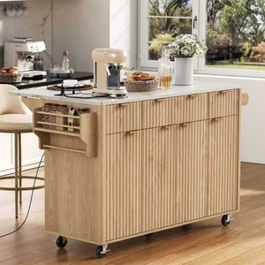 English Elm K&k Fluted Rolling Kitchen Island Faux Marble Top Power Outlet Storage Drawers Natural N707P353945Y
