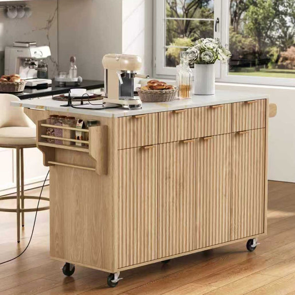 English Elm K&k Fluted Rolling Kitchen Island Faux Marble Top Power Outlet Storage Drawers Natural N707P353945Y
