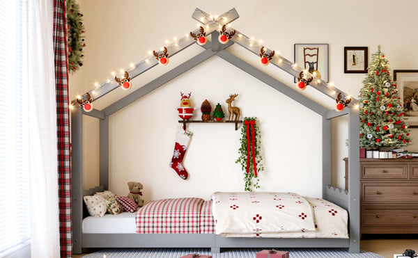 English Elm Twin House Frame Floor Bed Solid Pine Kids Room Montessori Low Profile Play Nook Gray W1580P387838