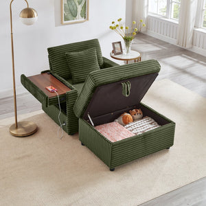 English Elm Comfortable Fluffy Corduroy Lazy Sofa with Storage Ottoman, Convertible Arm Table and USB Charging Green W3705P349925