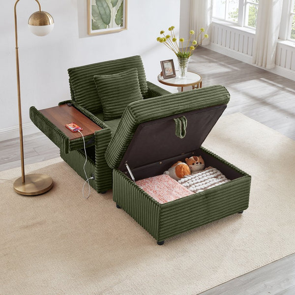 English Elm Comfortable Fluffy Corduroy Lazy Sofa with Storage Ottoman, Convertible Arm Table and USB Charging Green W3705P349925