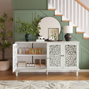 English Elm 60" Hand-Carved Floral Buffet Cabinet with Solid Wood Legs, Brass Handles, Adjustable Shelves, TV Stand Antique White W1445P327887