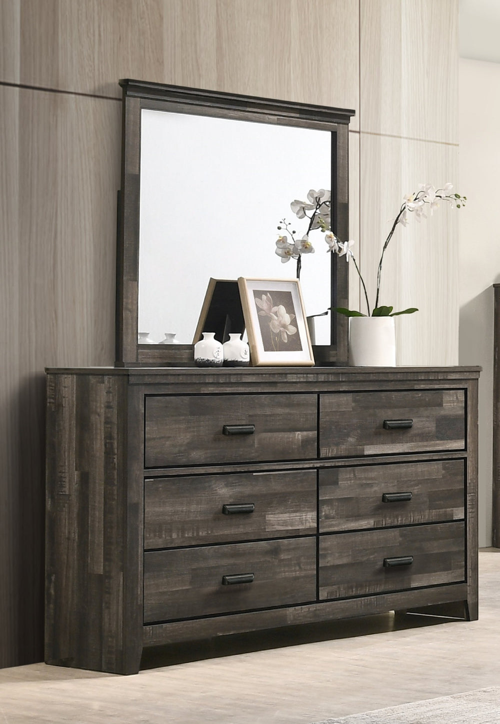 English Elm 1pc Rustic Contemporary Brown Finish Five Storage Drawers Wooden Bedroom Furniture with Metal Hardware, 61" Dresser Antique brown 63.86 L x 18.58 W x 39.96 H B011P367184