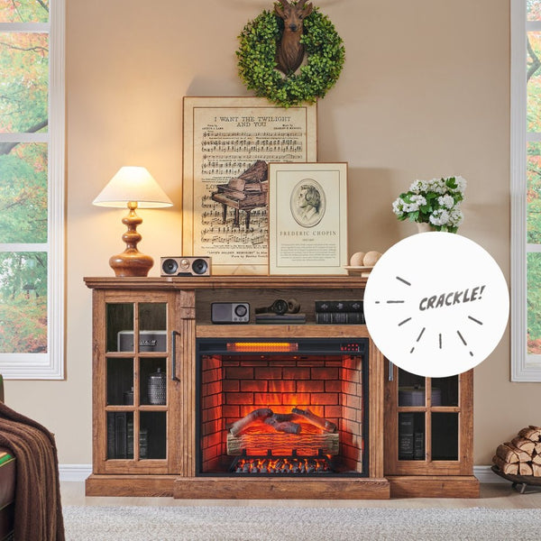 English Elm 65" Fireplace Tv Stand with Led Glass Cabinets and Electric Flame for Rooms up to 400 Sq Ft W1769S00014