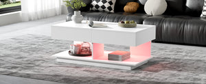 English Elm U-Can Extendable Coffee Table with Bluetooth 16-Color LED, Smooth Glide Top and Hidden Storage Space White N724P290061K