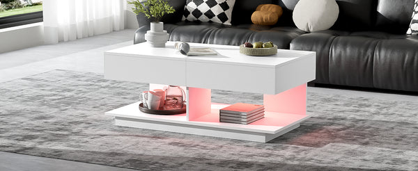 English Elm U-Can Extendable Coffee Table with Bluetooth 16-Color LED, Smooth Glide Top and Hidden Storage Space White N724P290061K