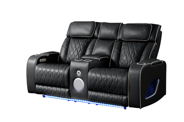 English Elm Fortuner Power Recliner 2PC Set in Black — Faux Leather, LED Lighting, Massage, Bluetooth Speakers, USB Charging B009S01799