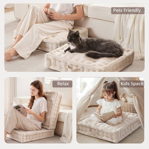 JLA Home Intelligent Design - Poly Chenille Square Floor Pillow Cushion with Tufted Scalloped Edge, OEKO-TEX Soft Plush Support Ivory ID31-2466