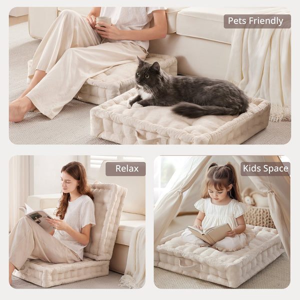 JLA Home Intelligent Design - Poly Chenille Square Floor Pillow Cushion with Tufted Scalloped Edge, OEKO-TEX Soft Plush Support Ivory ID31-2466