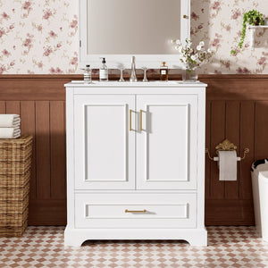 English Elm 30" Modern Bathroom Vanity with Ceramic Sink, Soft-Close Doors, Divided Drawer & Dual Door Shelves White N729P321376K