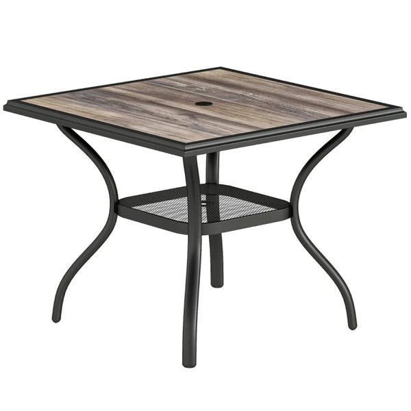 English Elm Garden Square Patio Dining Table Faux Wood Grain Steel Frame Umbrella Ready Seats Four T3971P466794