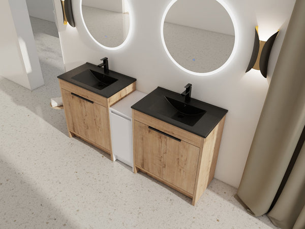 English Elm 72 Inch Freestanding Bathroom Vanity With Black Ceramic Sink, Soft-Close Doors & Ample Storage W999S00324