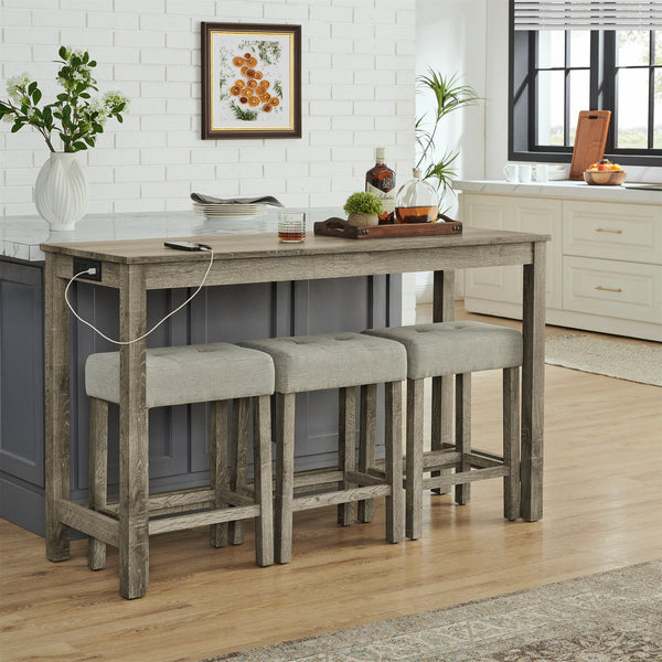 English Elm 59 Inch Bar Table with Built-In Power Outlet and 3 Upholstered Stools, Sturdy MDF & Solid Wood Design for Kitchen Dining Living Room Brown W2972P277854