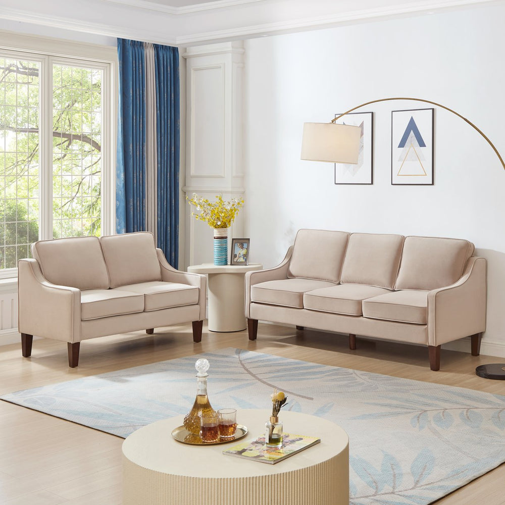 English Elm Modern Plush 3-Seater Sofa with Scooped Arms and Wood Legs, Upholstered Velvet, Removable Cushions for Luxe Living Space taupe W2186P143473