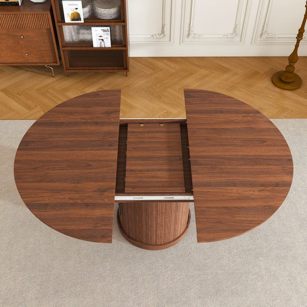 English Elm 47 Inch Extendable Round Dining Table Walnut Finish Seats 8 with Wire Grid Shelf W2700P385519