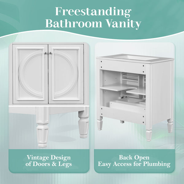 English Elm Christopher Knight Home® - 30" Bathroom Vanity with Sink Vintage Freestanding Ceramic Top Soft-Close Doors Gold Knobs, Storage White N759P226000K