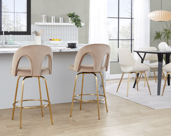 English Elm Fixed-height Swivel Counterstools with White Upholstery Gold Footrest Set of 2 Taupe B202S01790
