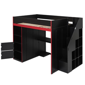 English Elm Gaming Full Loft Bed with Built-in Desk Led Lights and Storage for Teen Rooms N709P004103J