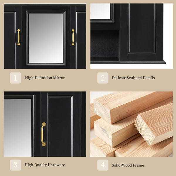 English Elm 36'' Mirror Cabinet with 3 Doors — Wall-Mounted Bathroom Storage Unit, MDF & Pine, Spacious Shelves Black N725P346902B