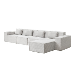 English Elm L-shaped Modular Sectional with Ottoman Corduroy Upholstery Four Seat Living Room Sofa Light Gray W2699S00093