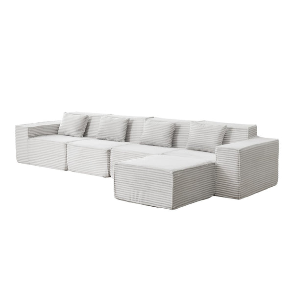 English Elm L-shaped Modular Sectional with Ottoman Corduroy Upholstery Four Seat Living Room Sofa Light Gray W2699S00093