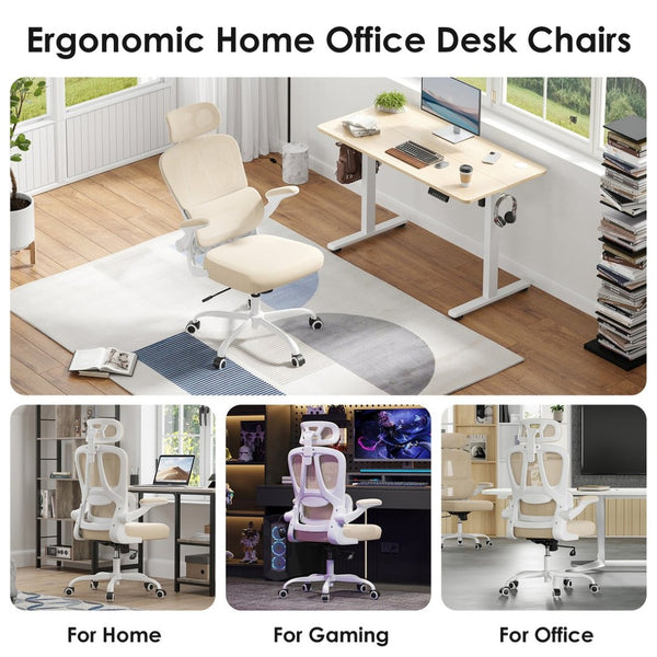 English Elm Ergonomic Mesh High Back Desk Chair with Lumbar Support Flip up Arms and Headrest Khaki,White T3623P434272