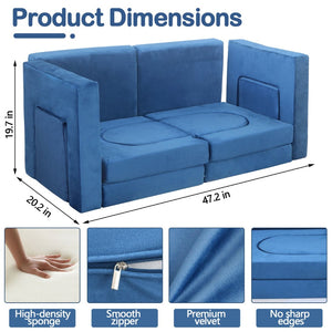 English Elm 12 Piece Modular Foam Play Couch Set Velvet Convertible Sofa Fort for Kids Playroom Blue T5880P493402