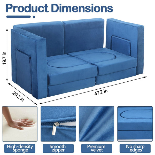 English Elm 12 Piece Modular Foam Play Couch Set Velvet Convertible Sofa Fort for Kids Playroom Blue T5880P493402