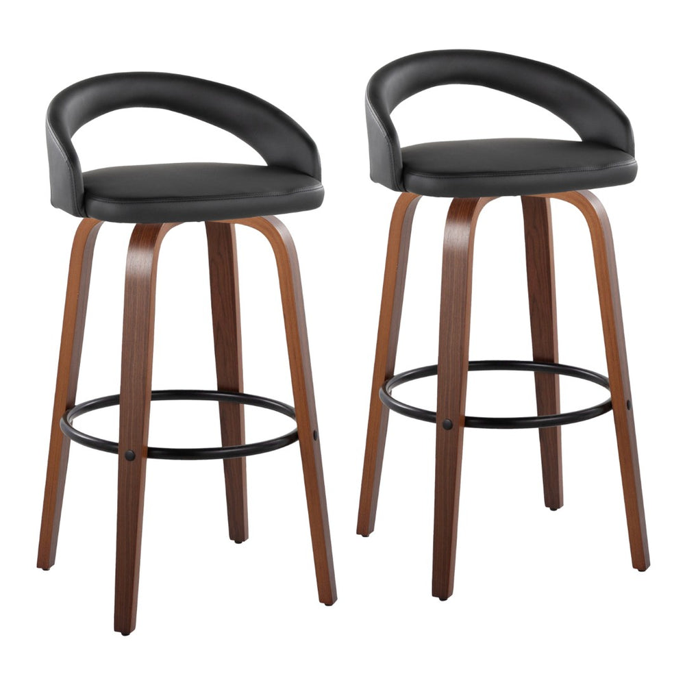 English Elm Fixed-height Swivel Barstools Walnut Bentwood Legs Black Pu Seat Metal Footrest Set B202S01856