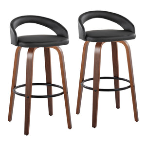 English Elm Fixed-height Swivel Barstools Walnut Bentwood Legs Black Pu Seat Metal Footrest Set B202S01856