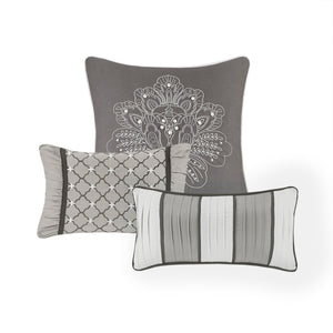 English Elm 7 Bellagio Jacquard Comforter Set Queen with Luxe Leaf, Ironwork Motifs, Pleated Embroidered Pillows & Bedskirt Grey 23.62 L x 18.5 W x 13.78 H B03597023